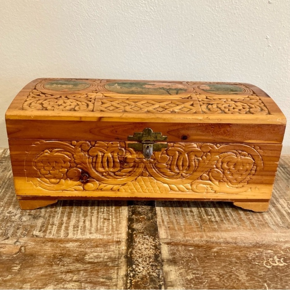 Scenic Carved Wood Box Document Box Glove Box Box Decorative Jewelry Box - Picture 2 of 16